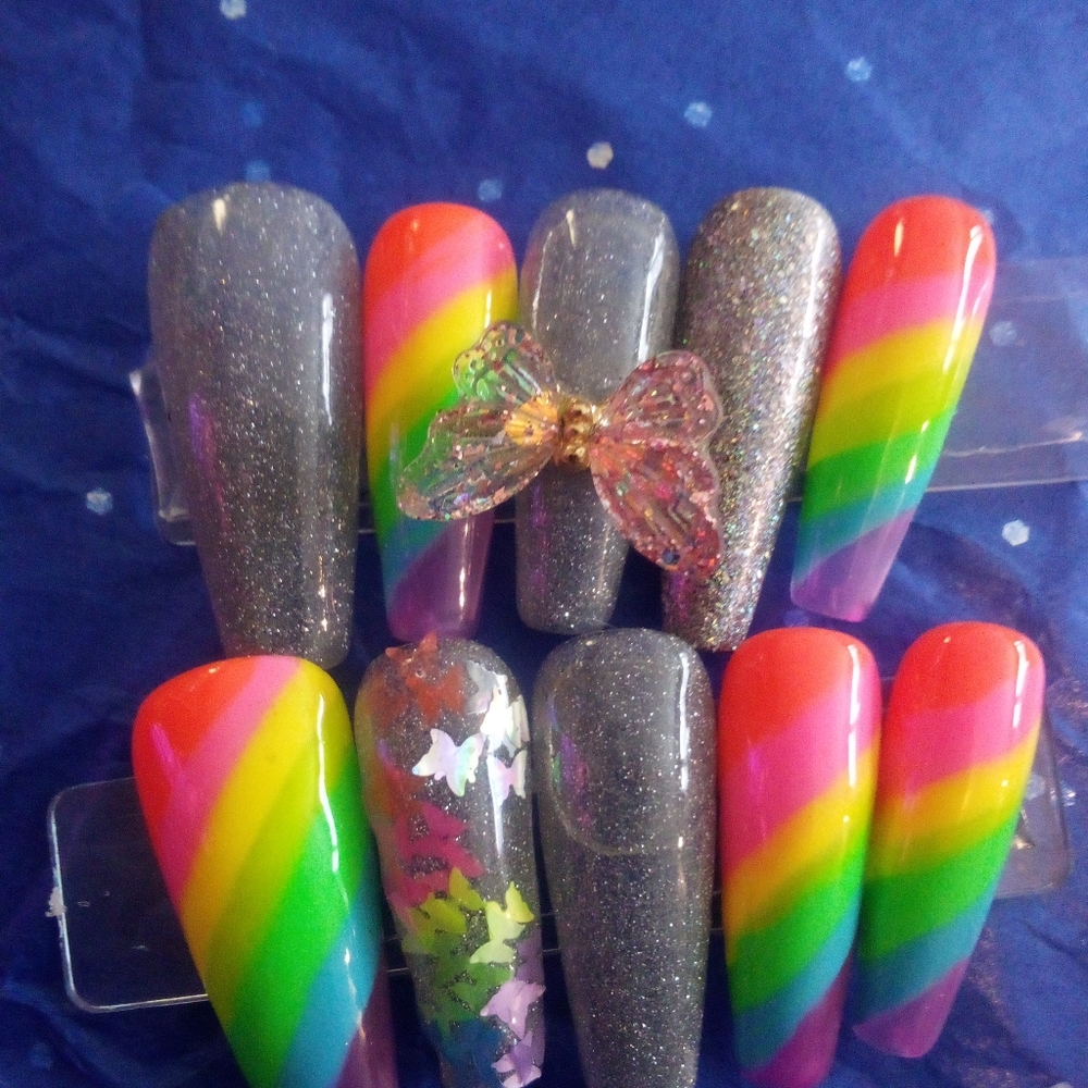 Rainbow 🌈 Holo butterfly 🦋 press on nails
